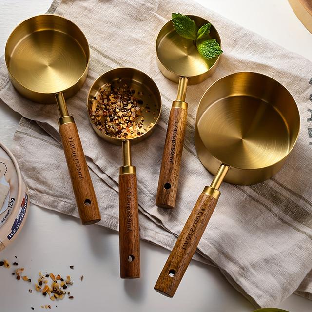 TEMU 4pcs/set Measuring Spoon Set, Wooden Handle Measuring Spoon Set, Stainless Steel Measuring Cups And Spoons, Coffee Scale Spoon, Kitchen Accessories, Baking Tools, Kichen Stuff