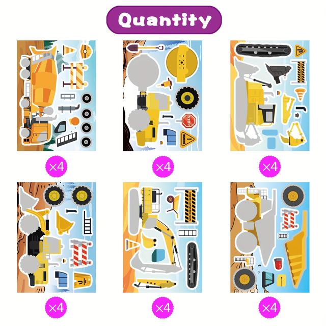 TEMU 24 قطعة من ملصقات الحرف اليدوية ذات الطابع البناء الخشبي للأطفال الصغار - أنماط شاحنة كرتونية ذاتية اللصق للأسطح البلاستيكية، أنشئ وجهك بنفسك، مستلزمات حفلات الشاحنة