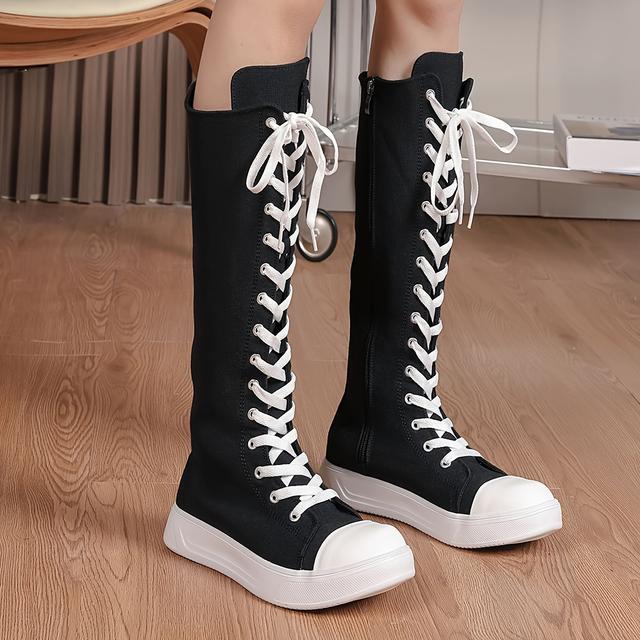TEMU Women' Color Slim Boots, Side Zipper Casual Platform Lace Up Boots, Versatile Soft Sole Knee High Boots