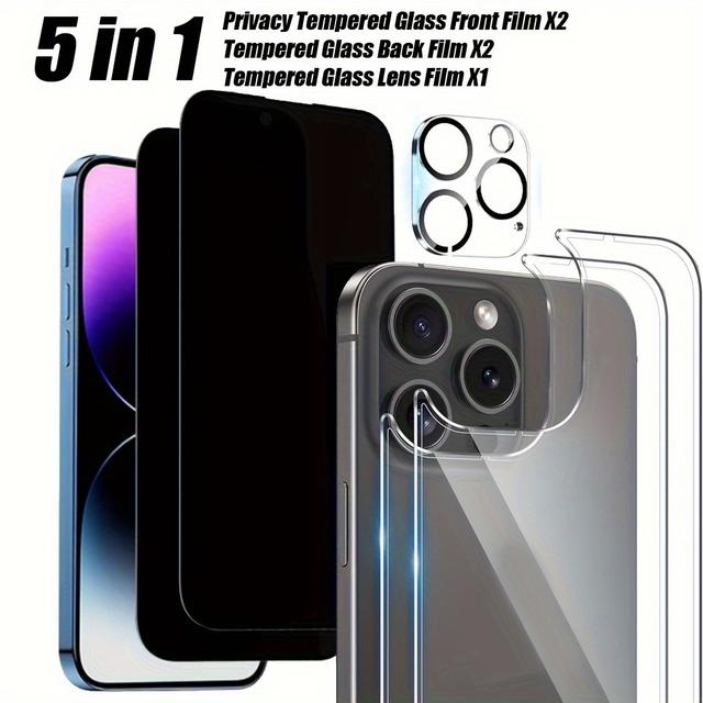 TEMU 【5in 1】 für iPhone 11 12 13 14 15 Plus Pro Max Displayschutz Rückenschutz und Vorderer Datenschutzbildschirmschutz mit Kameraobjektivschutz [2+2+1-Packung] Gehärtetes Glas