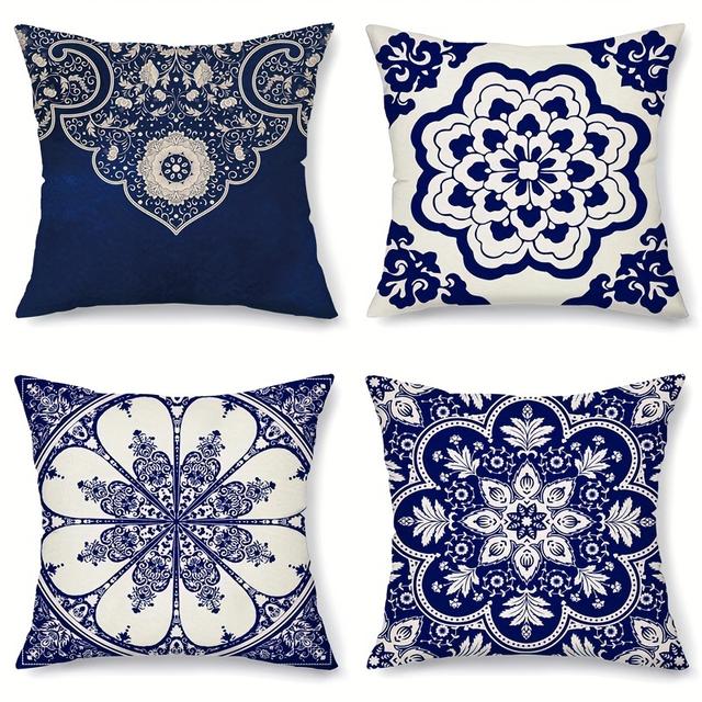 TEMU 4 قطع غطاء وسادة من الكتان بتصميم ماندالا بوهيمي، غطاء وسادة بورسلين أزرق وأبيض، غطاء وسادة زخرفي لغرفة المعيشة أو السيارة