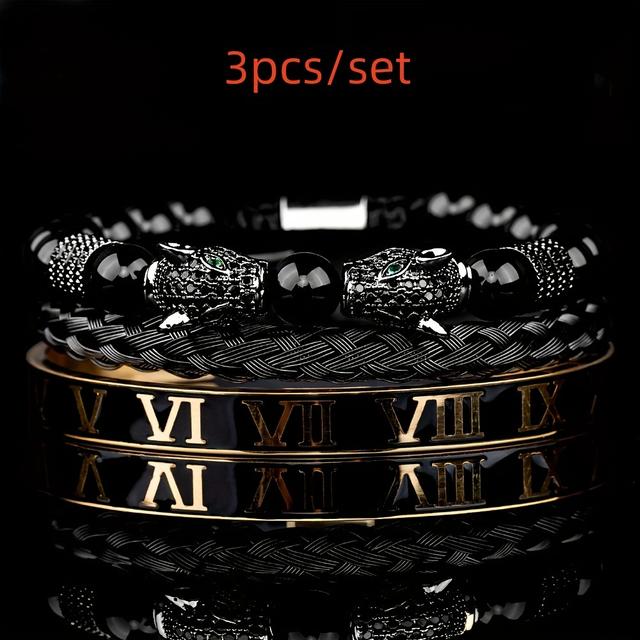 TEMU Luxury Set Men' Leopard Head Enamel Roman Numeral Bracelet With Cord Buckle And Stone Beads Jewelry