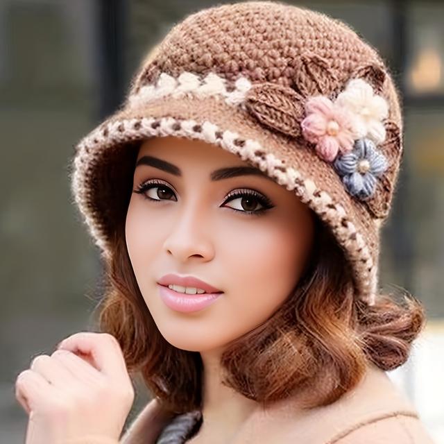 TEMU A Handmade Floral Women's Hat, A Beanie That Provides Warmth, Perfect For In Autumn And Winter