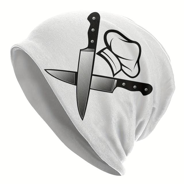 TEMU Chef Cooking Pirate Skull Hat - Funky Black & White Beanie With Sword Design, Outdoor Headwear For Men, Polyester Blend, , Outdoor Headwear | Edgy Street Style | Woven Textur