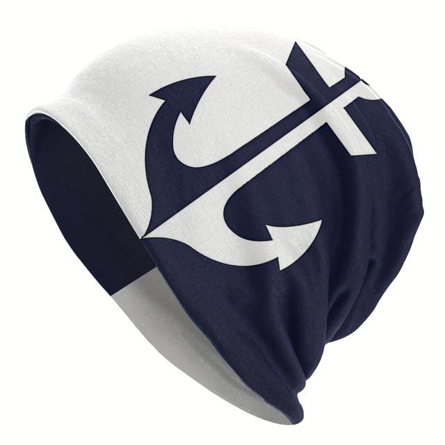 TEMU Men's Lightweight Brimless Hat In Nautical White And Navy Blue With An Anchor Design, Suitable For Autumn And Spring, Windproof, And A Hip-hop Style.