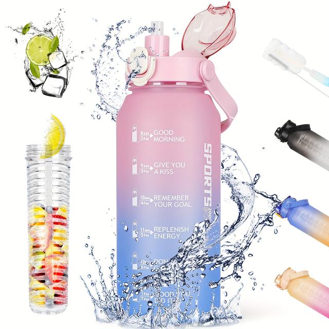 TEMU Aohan 1pc 2l Water Bottle, Large Water Bottle With Straw And Fruit Infuser, Leak-proof, Gym Water Bottle With Time Marking For Sports, Hiking