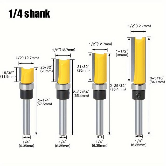TEMU 1/4" Shank Bearing Straight Cutter, Flush Trim Router Bit, 1/2" Blade Wood Milling Cutter, Woodworking Tools