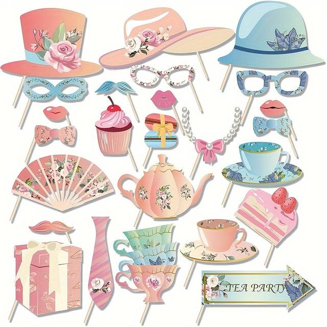 TEMU 25pcs Tea Party Photo Booth Props & Floral Decorations - Garden Party Supplies With Hats, Wands, For Showers, Bridal & - Paper Material For Diy Costume Fun (no Feathers)