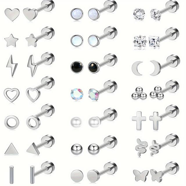 TEMU 42pcs Flat Back Stud Earrings Stainless Steel Synthetic Zirconia Ear Studs Snake Star Moon Lightning Cross Heart Cartilage Women's Earring Set