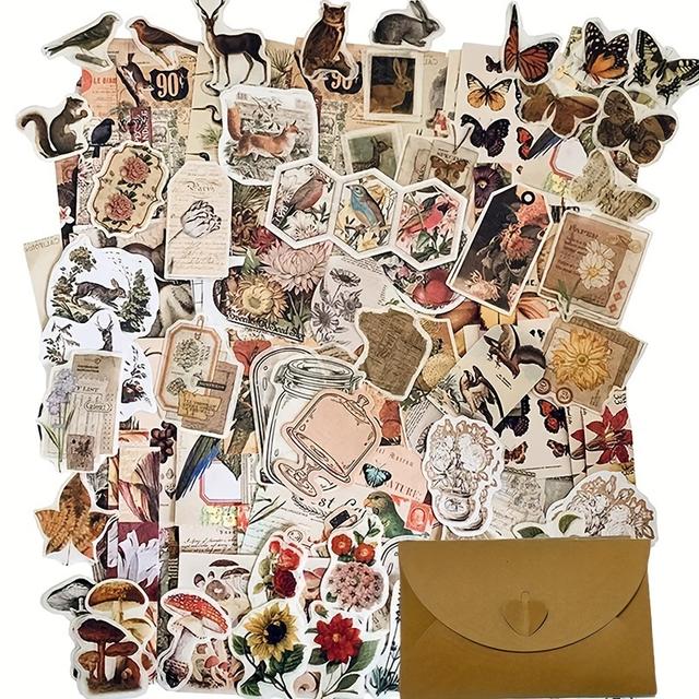 TEMU Vintage Stickers For Notebook Aesthetic 200pcs Nature Animals And Plants Decorative Paper Scrapbooking Stickers Supplies Kit