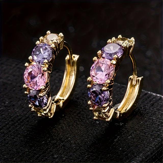 TEMU Luxury Hoop Earring Embellished With Colorful Synthetic Zirconia Elegant Vintage Style Exquisite Female Ear Ornaments