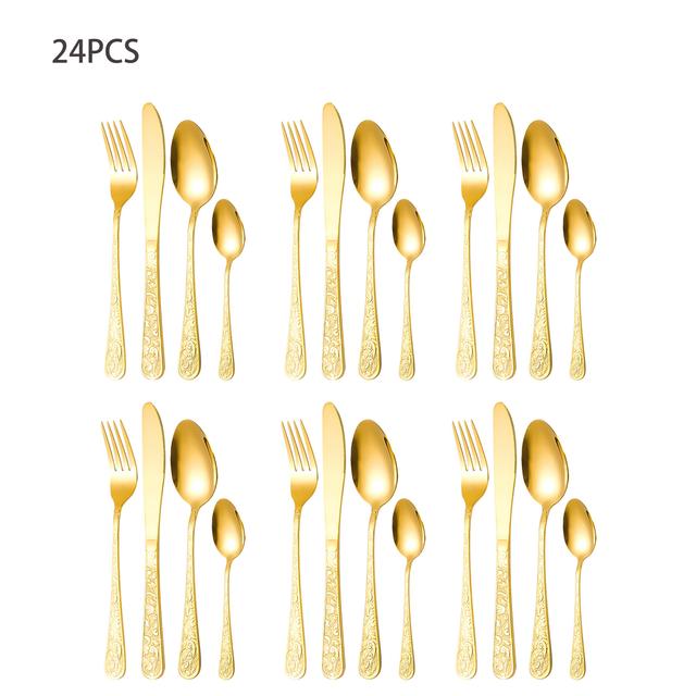 TEMU Phoenix Embossed 24pcs Stainless Steel Flatware Set, Polished Finish, Solid Pattern, Durable Cutlery For 6, Ideal For Home & Restaurant, Valentine's Day & Day