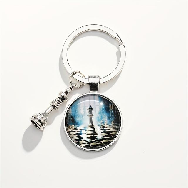TEMU A Stylish Chess Keychain Featuring A Chessboard And Pieces, With A Glass Dome Pendant, Perfect As A Gift For Chess Enthusiasts