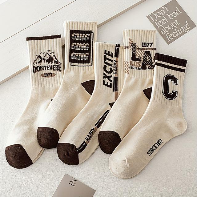 TEMU 5 Pairs Of Men's Retro Trendy Socks, Breathable, Stylish, And Comfortable Mid-calf Socks, Suitable For And Sports.