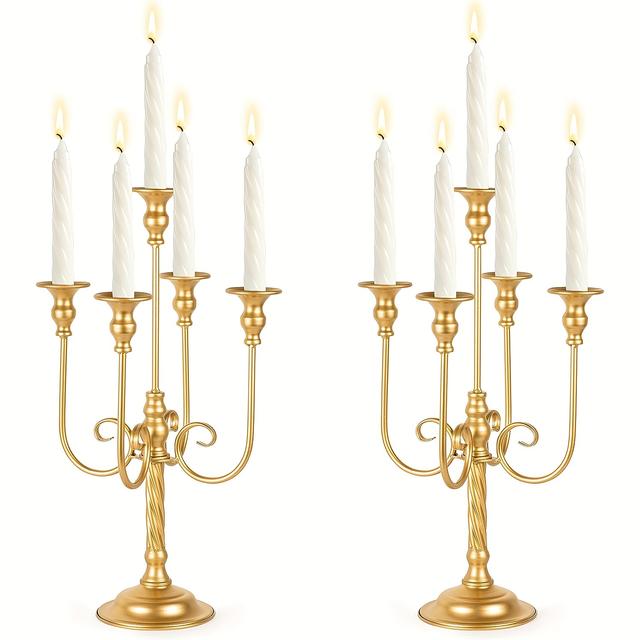 TEMU 2 قطع من الشمعدانات الذهبية بارتفاع 19.7 بوصة لوسط الطاولات، حامل شموع طويل من المعدن للشموع المدببة، حامل شمعدان ذو 5 أذرع لديكور مركز الزفاف وديكور حفلات الاستقبال