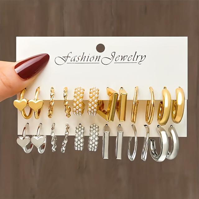 TEMU 12 Pairs Set Of Tiny Delicate Hoop Earrings With Creative Heart Alloy Jewelry Female Gift