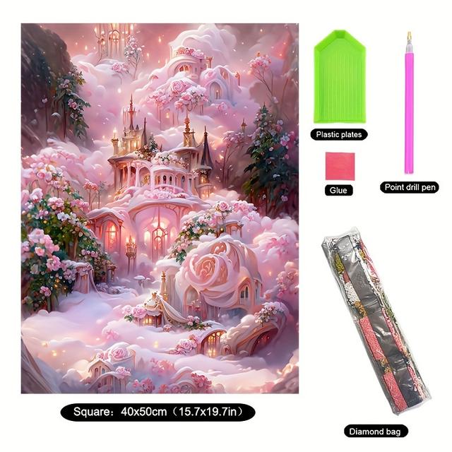 TEMU New Full Diamond Handcraft Diamond Painting Of Rose Castle, A Landscape Decoration With Round And Square Diamonds
