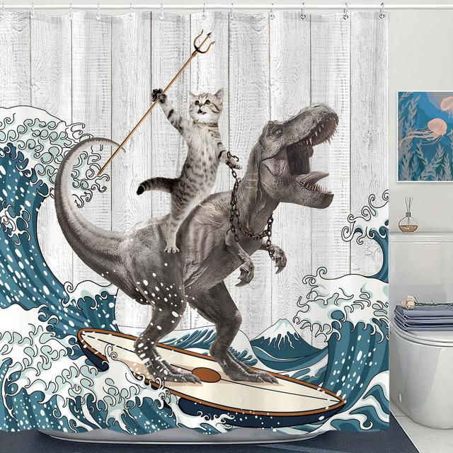TEMU Surfing Dinosaur Ocean Shower Curtain, Shower Curtain, Wave Bathroom Shower Curtain Set, Bathroom Decor With 12 Hooks