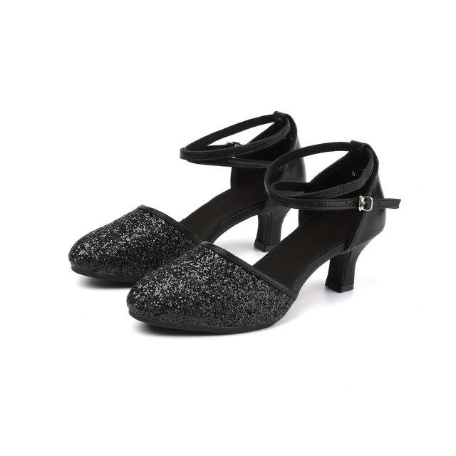 TEMU Women's Dance Shoes, Black With Sequins, Ankle Strap, Medium-high Heel Outdoor Dance Shoes For Latin, Salsa, Ballroom, Parties, , Performances, Weddings, And Cheerleading Shows