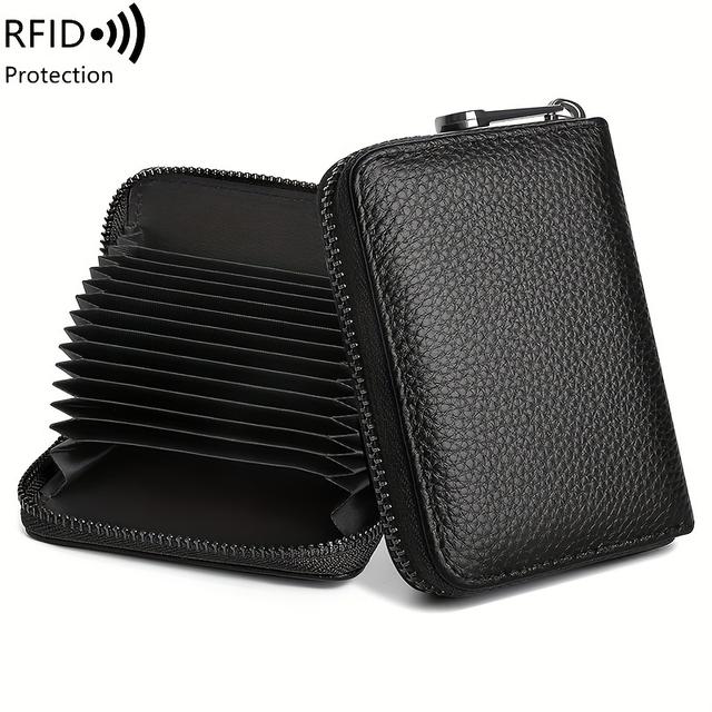 TEMU Genuine Leather Rfid Credit Card Wallet Vintage Solid Color Multi-card Slot Card Holder With Zipper Minimalist Clutch Coin Purse