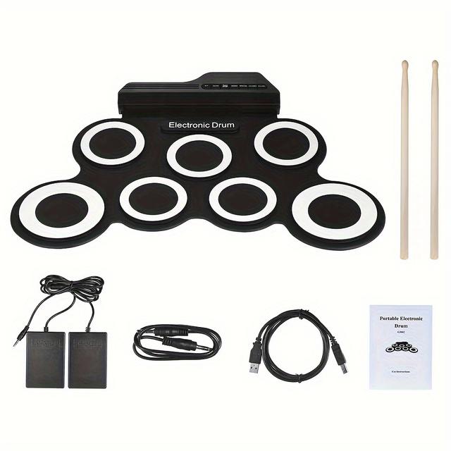 TEMU Portable Electronic Drum Foldable Adult Beginner Jazz Kit, Usb Midi Output, Headphone Support, Built-in Metronome , Power-saving Design, No Speaker Included