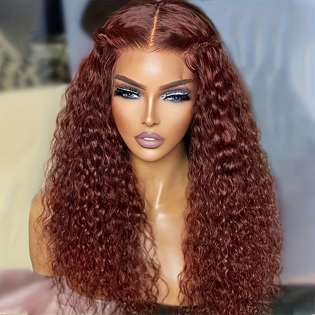 TEMU Reddish Brown Human Hair Water Weave Lace Front Wigs 13x4 Hd Transparent Lace Frontal Wig #33 Colored Brown Curly Human Hair Wigs For Women Preplucked Hairline Hair