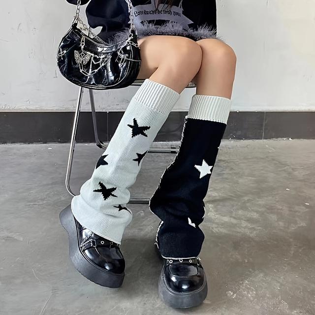 TEMU Calentadores de piernas con de estrellas y bloques de color, calcetines largos de punto que combinan , medias y lencería para mujeres