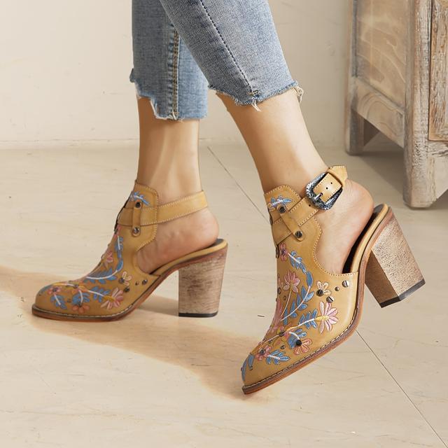 TEMU 2025 New Women's Chunky Heel Ankle Boots, Pointed Toe Floral Vintage Style With Comfortable Open Back Strap