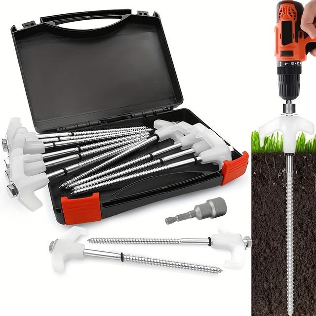 TEMU 12개 헤비듀티 텐트 스테이크 - 8" 접지 앵커 - 금속 스레드 텐트 스테이크, 보관함 포함