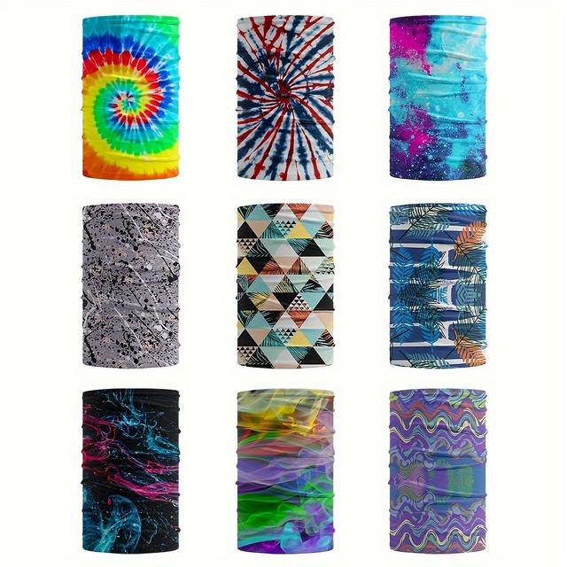 TEMU 9pcs Tie Dye Graffiti Polyester Bandanas, Cycling Sunscreen Face & Neck Gaiter