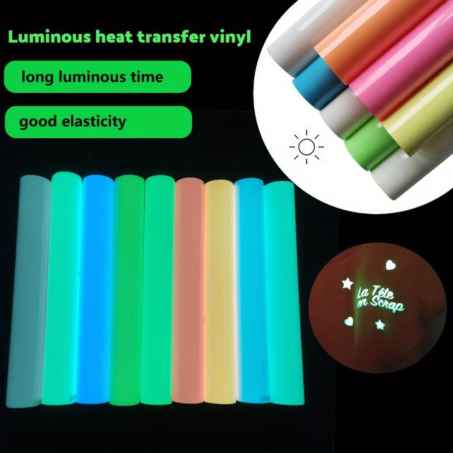 TEMU 9pcs Luminous Heat Transfer Vinyl Sheets, 9.8x12in, -the-dark, Durable & Flexible - Ideal For Diy T-shirts, Masks, Jeans, Backpacks - White/red + 4 Bright Colors