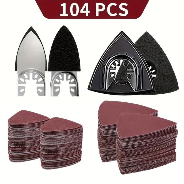 TEMU 104pcs Oscillating Tool Sanding Pad Kit 2pcs Triangle Sanding Pad And 2pcs Finger Sanding Pad 100pcs Multi-tool Sandpaper, 60/80/120/180/240 Grit Fit Fein Ryobi Makita