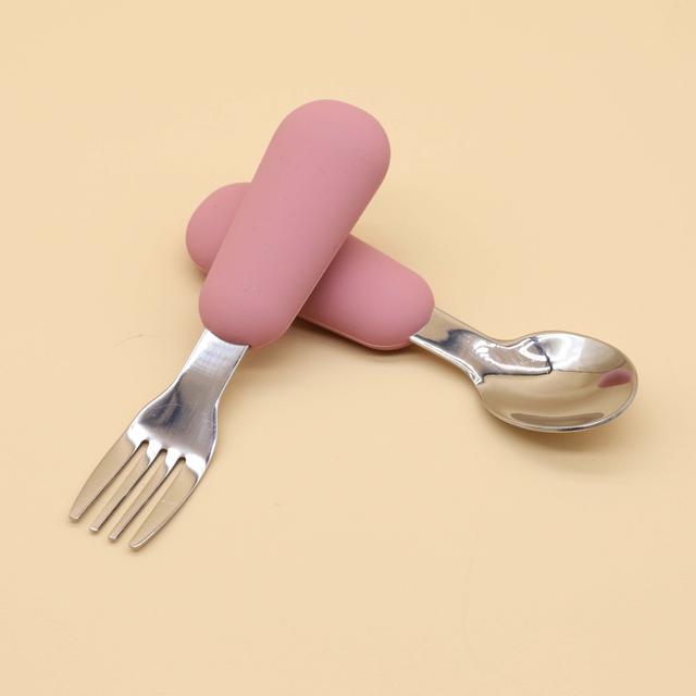 TEMU 304 Stainless Steel Spoon And Fork With Silicone Handle Food Spoon And Fork