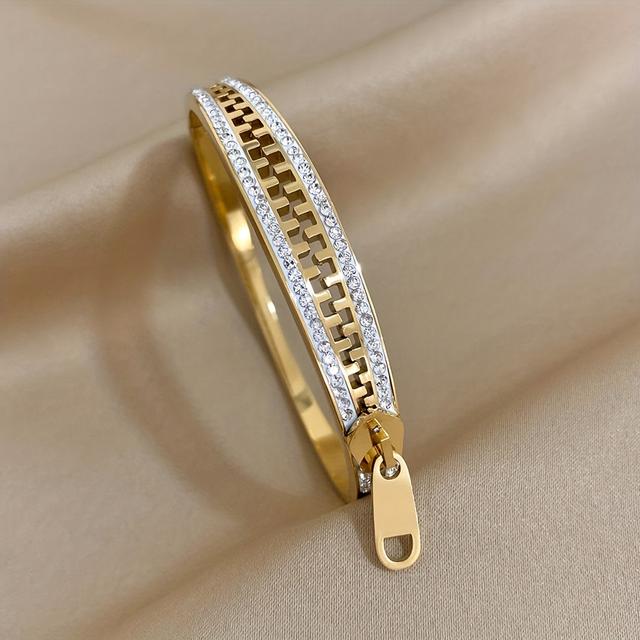 TEMU Stainless Steel Cuff Bracelet, Rhinestone Mosaic, Fashion Statement Zipper Bangles, Creative Shiny Jewelry Accessory