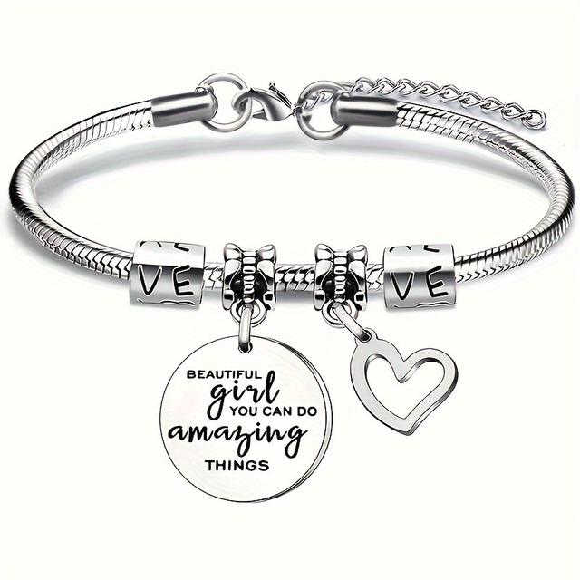 TEMU 1pc Stainless Steel Simple Elegant Heart-shaped Ti Steel Bracelet Pendant, With Engraving, For Girlfriend, Valentine's Day, New Year, Bff Gift