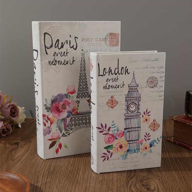 TEMU Juego de adornos vintage de madera y PU con estampado de Eiffel y el de , con forma de libro, de almacenamiento, joyero, de regalo, decoración para el hogar y estudio
