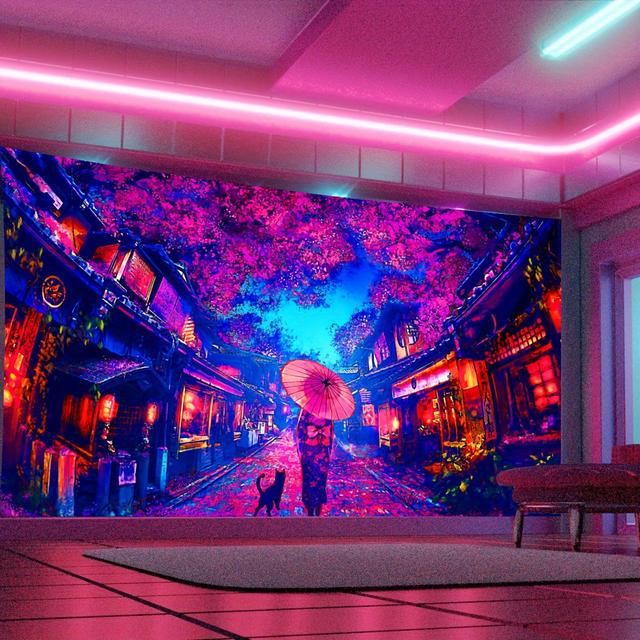 TEMU 1pc 1pcs Uv Activated Glow Tapestry Suitable For Uv Party Decor - Japanese Anime Girl & Cat Wall Hanging With Free Installation, Horizontal Wall For Dorm Room, Bed, For Party Decorations