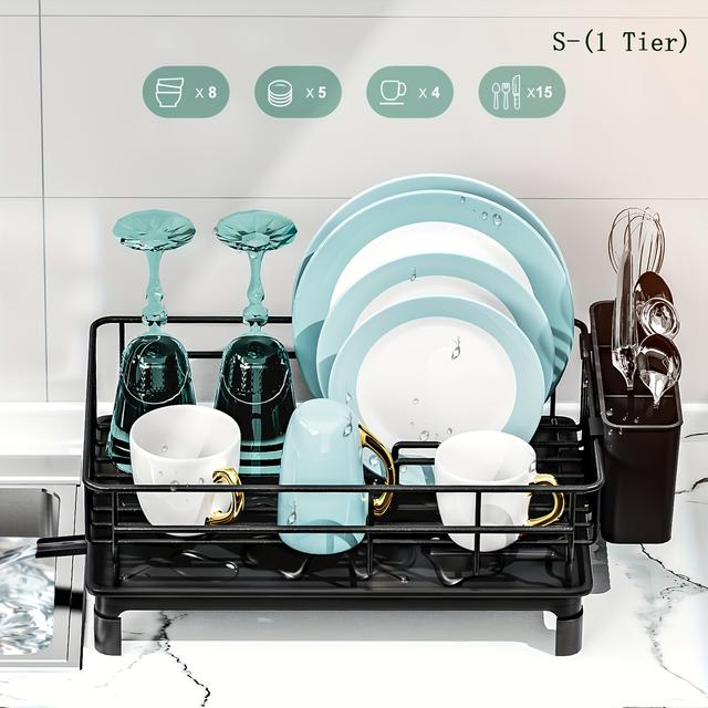 TEMU Spacious Drying Rack With - Adjustable Spout & Utensil Holder, Knife Slots - Ideal For Kitchen Counter Organization, Durable Metal & Plastic, Dish Drying Rack For Kitchen Counter