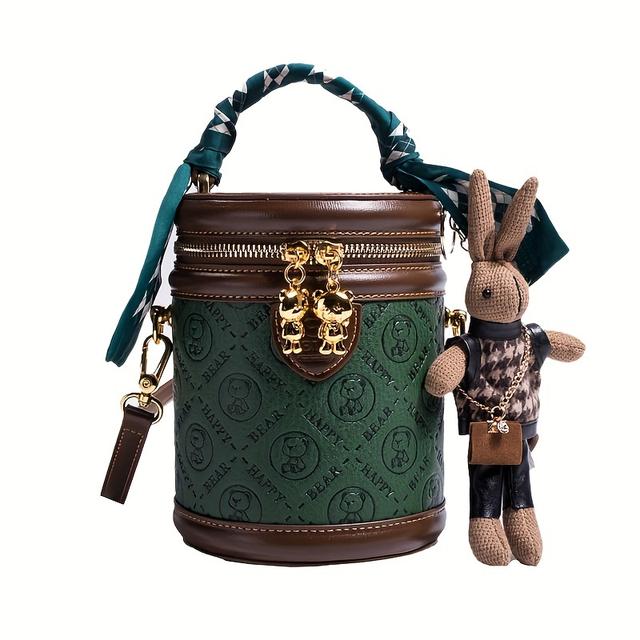 TEMU Mini Bear Cylinder Handbag, Scarf Decor Crossbody Bag, Women's Pu Leather Bucket Bag