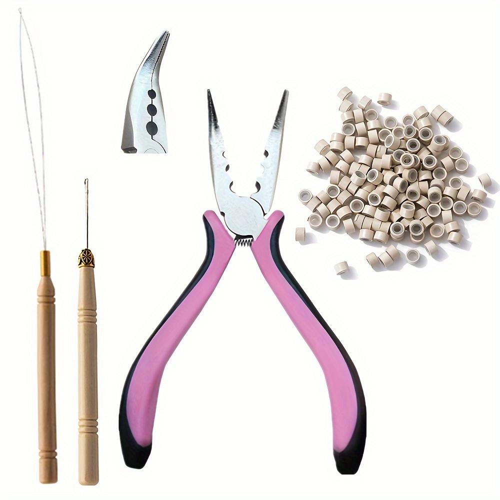 TEMU Of The Hair Extension Tool Set: Pliers, Mini Puller, And Pull Ring Hair Extension Rings With A Pink Three-hole Plier For Feather Designs And Multifunctional Bead Pulls.