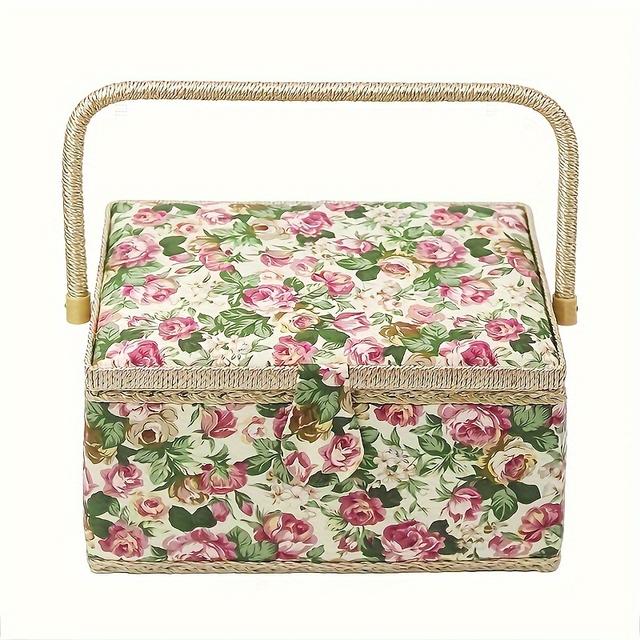 TEMU Gran de Costura, Estilo Europeo, Cesta de Portátil para Costura DIY, Cesta de Tela con Estampado de Rosas