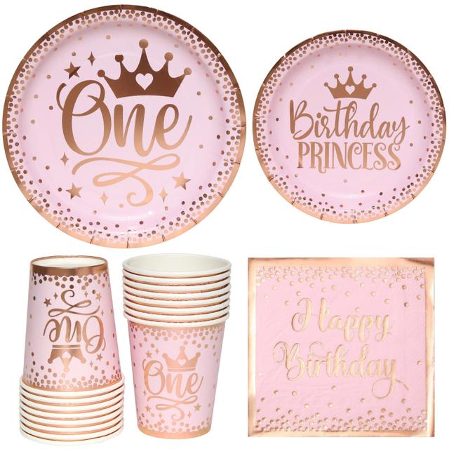 TEMU Erste Geburtstag Prinzessinnen Party Set: 96 Stück rosa Pappteller, Servietten und Becher für eine Feier zu Weihnachten, Neujahr, Valentinstag, Partyveranstaltungen