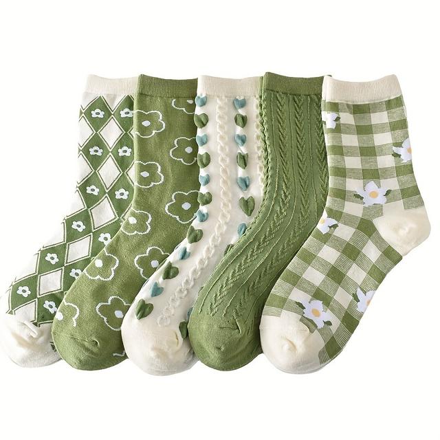 TEMU 5 пар жіночих шкарпеток у стилі морі з тривимірним рельєфом, довгі, з милим сердечком, модні корейські в стилі дворецького, милі квіткові універсальні зручні довгі в стилі аргайл