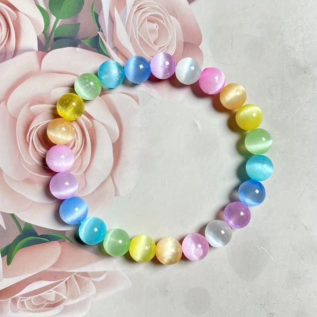 TEMU 1 Stück 8 Mm Natürliche Runde Perlenarmband, Bunte Aura Kunststein, Niedlicher Stil Damen Schmuck, Reinigendes Lade Zubehör