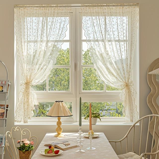 TEMU Cottagecore Elegance, Charming White Lace Curtain - Embroidered, Rod For Kitchen & Dining Room Decor