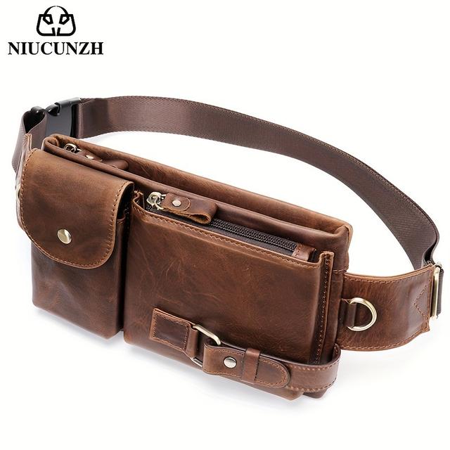 TEMU 1pc Men's Hiking Running Leather Fanny Pack, Portable Cell Phone Wallet, Multi-pocket Sports Crossbody Bag