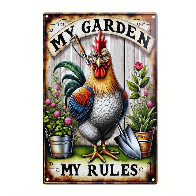TEMU 1pc Funny Gardening Metal Poster " " Wall Art Aluminum Chicken Tin Signage For Garden, Farmhouse, Chicken Coop Decor, Gift For Garden Lovers 8x12 Inches
