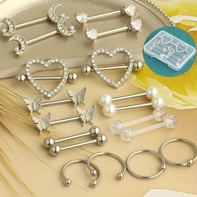 TEMU Conjunto de Anillos para Pezones de Acero 14G, 18 piezas con y en CZ para Mujeres - Joyería Bonita para Piercings con de Regalo