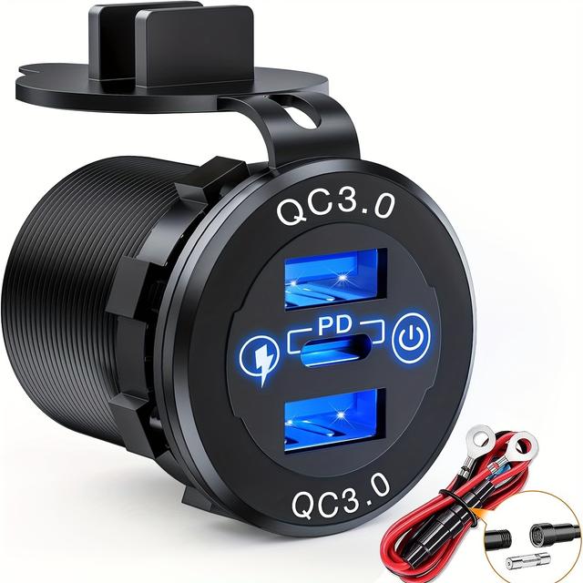 TEMU Fast Charging Socket Pd Type C And Qc3.0 Dual Usb Charger 12v 24v Car Socket With Touch Switch Fuse Kit Suitable For Cars, Trucks, Rvs, And Campers, Without Battery