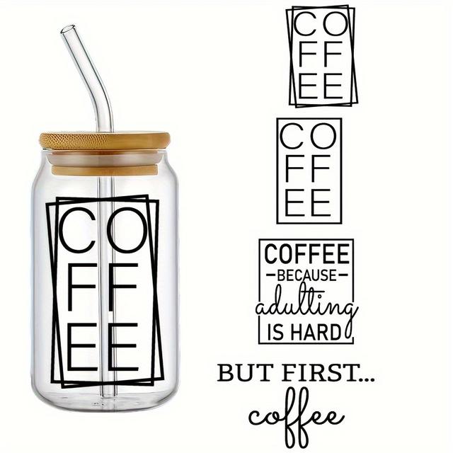 TEMU 4-pack Coffee-themed Uv Dtf Cup Wraps, 3d Crystal 16oz Glass Can Decals, Waterproof & -resistant Self-adhesive Transfer Paper, Diy Fashion Crafts, Polyester Fiber, 11x24cm (4.3x9.4in)